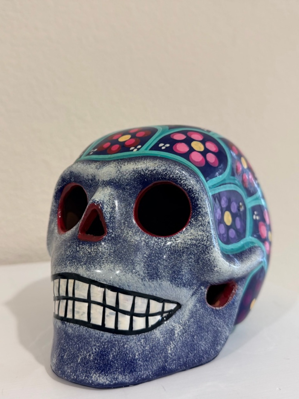 Colorful Hand-Painted Mexican Ceramic Skull Art - Decorative Sugar Skull